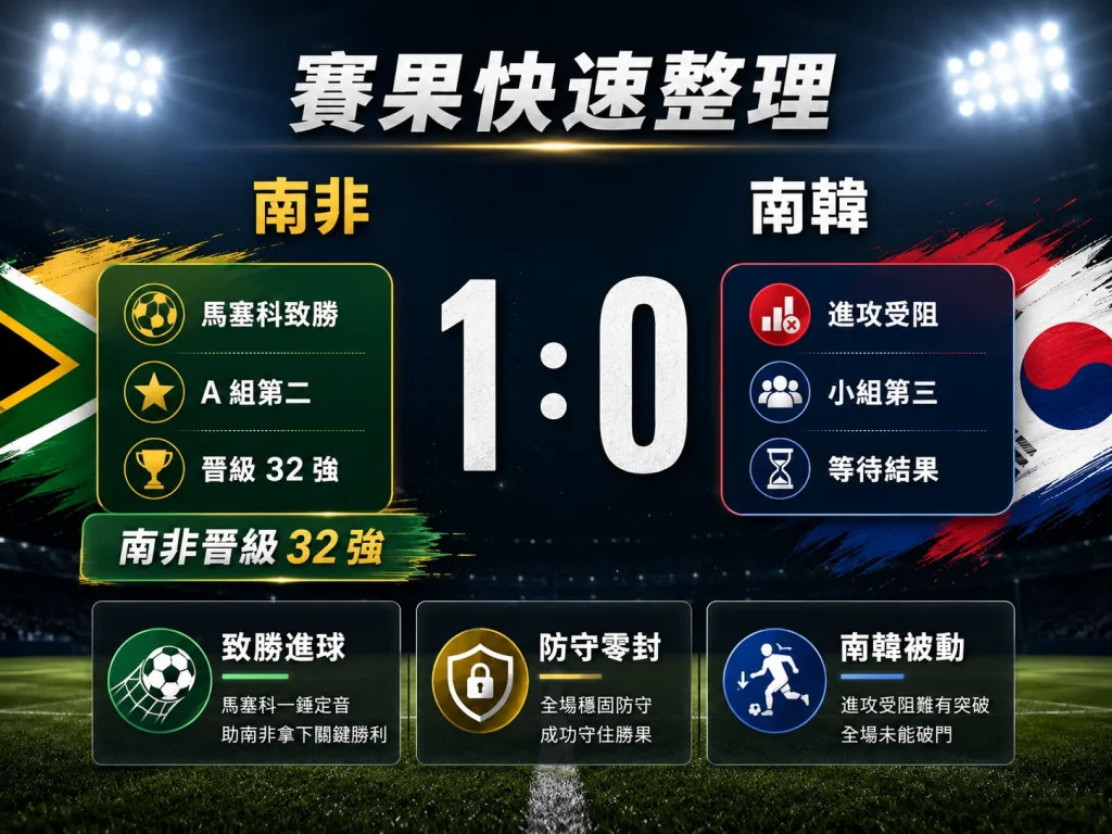 南非 1 比 0 擊敗南韓，馬塞科致勝並晉級 32 強。