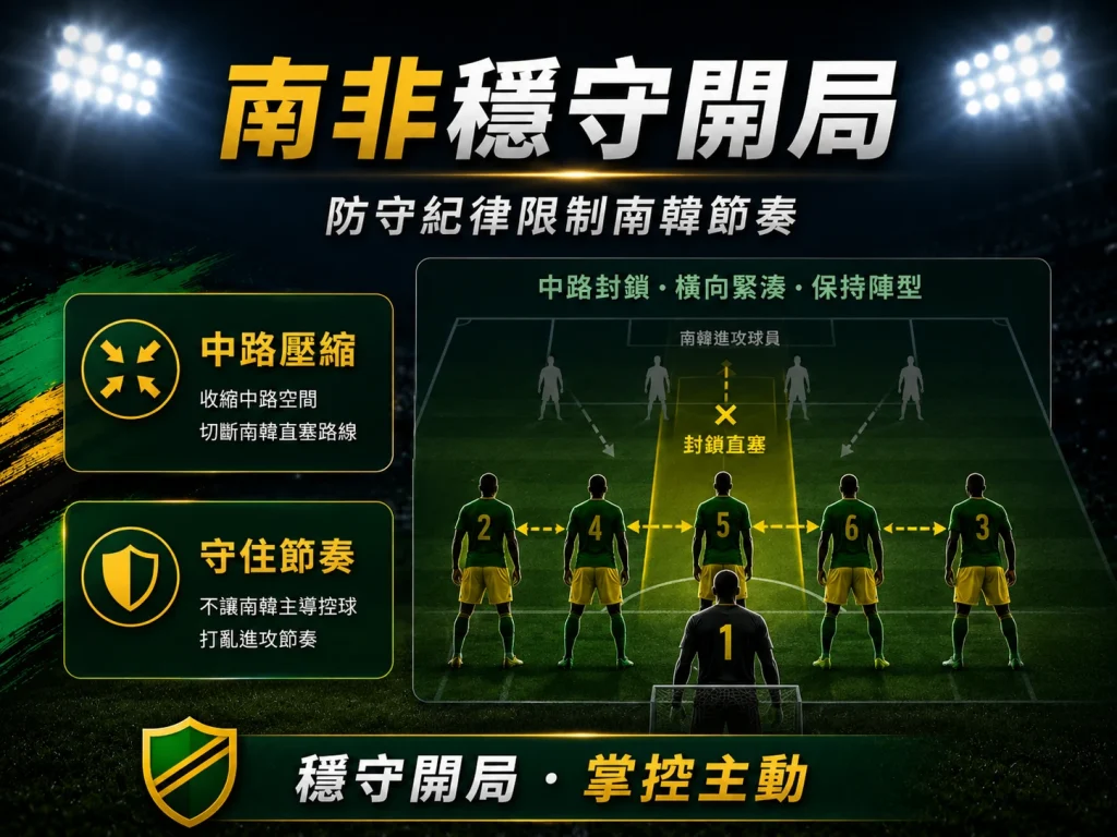 南非以穩固防守開局，限制南韓進攻節奏。