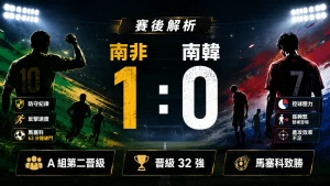 南非對南韓賽後，南非 1 比 0 擊敗南韓並晉級 32 強。