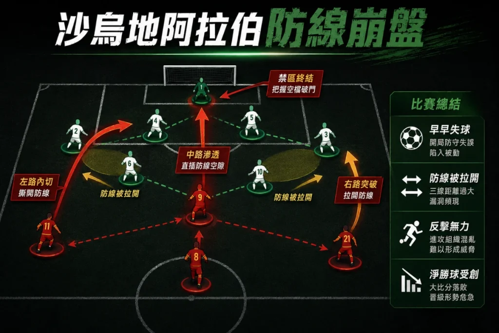 沙烏地阿拉伯防線崩盤分析，整理早早失球、防線被拉開、反擊無力與淨勝球受創。