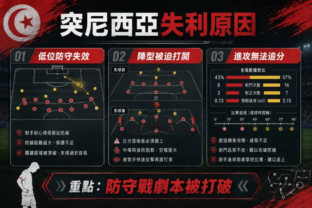 突尼西亞不敵瑞典失利原因，整理低位防守失效與進攻追分不足。