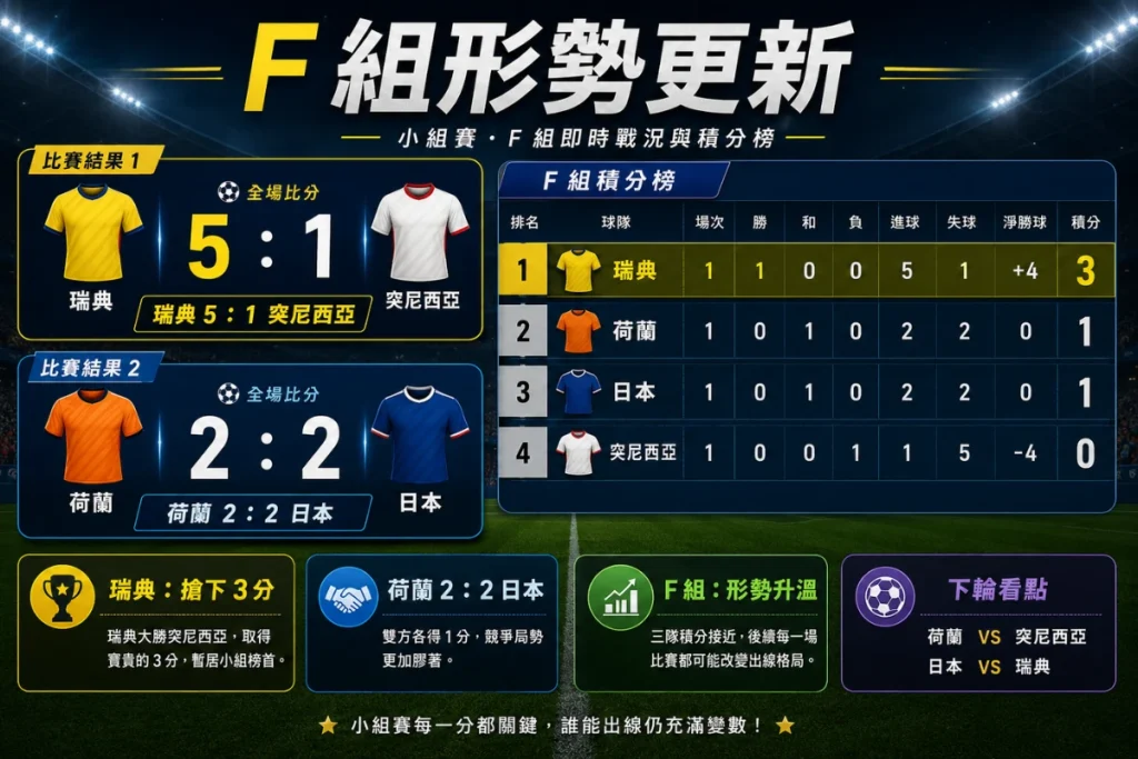 世界盃 F 組形勢分析，整理瑞典 5 比 1 突尼西亞後的小組影響。