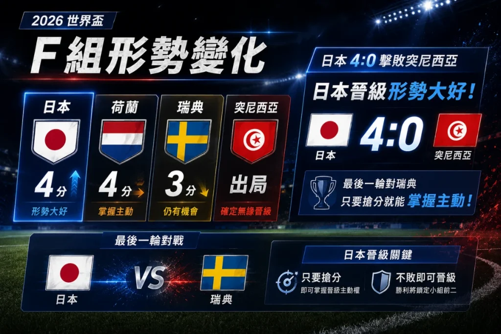 世界盃 F 組形勢變化，日本 4 比 0 大勝突尼西亞後晉級形勢大好。