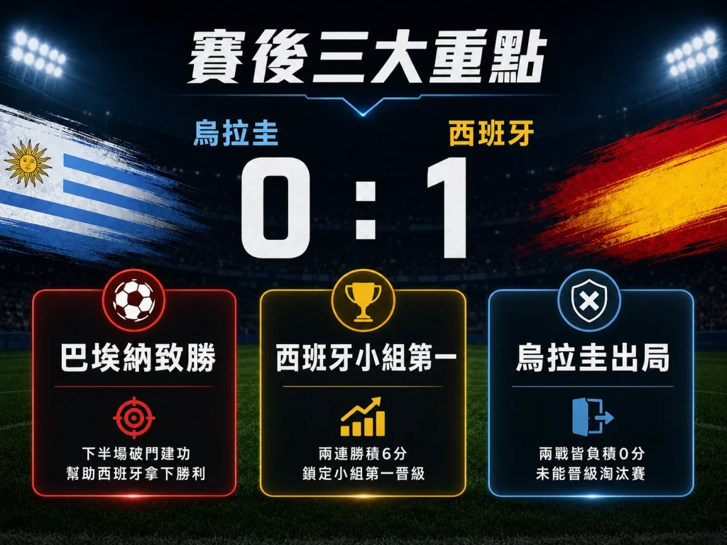 烏拉圭對西班牙賽後三大重點，巴埃納致勝，西班牙小組第一，烏拉圭小組出局。