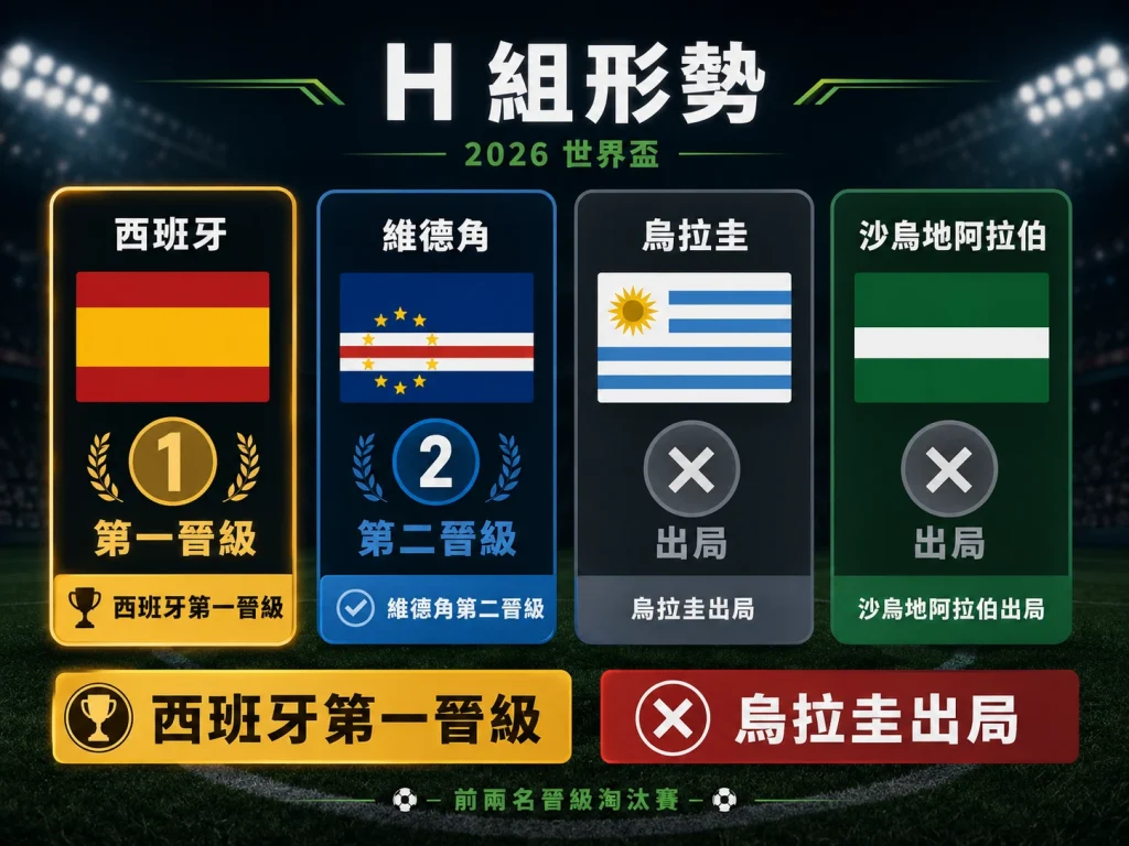 H 組形勢整理，西班牙第一晉級，維德角第二晉級，烏拉圭與沙烏地阿拉伯出局。