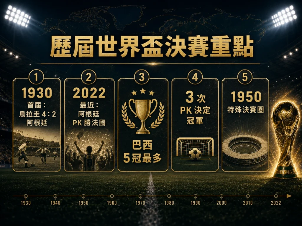 歷屆世界盃決賽重點整理，包含首屆決賽、最近決賽、巴西五冠與 PK 大戰。