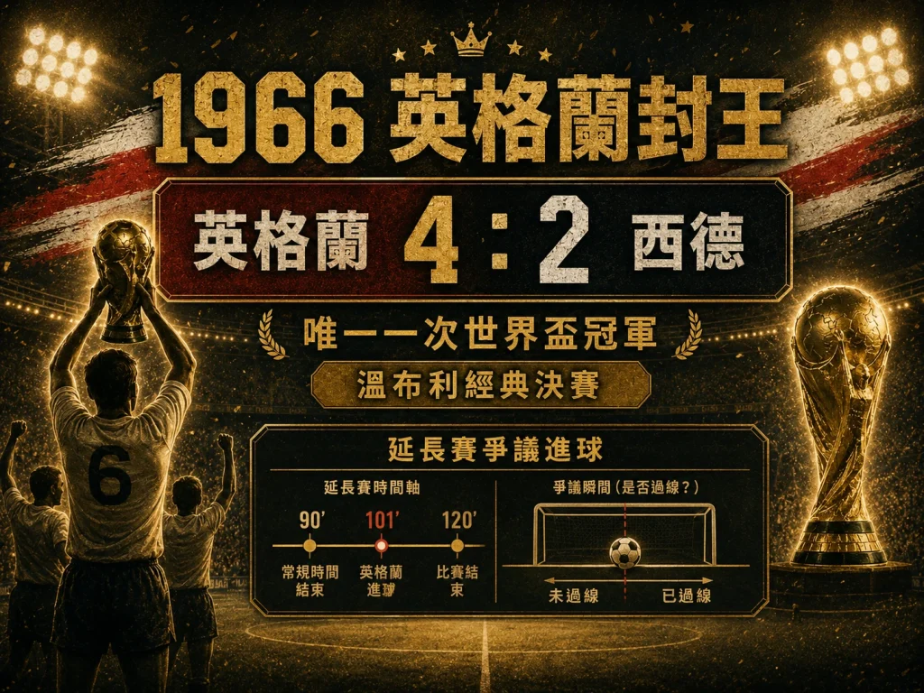 1966 英格蘭對西德世界盃決賽，英格蘭 4 比 2 封王，延長賽進球成為經典爭議。