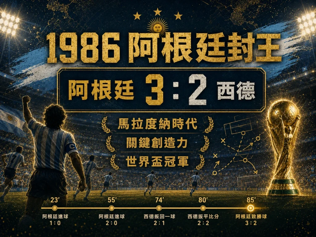 1986 阿根廷對西德世界盃決賽，阿根廷 3 比 2 奪冠，馬拉度納時代登頂。