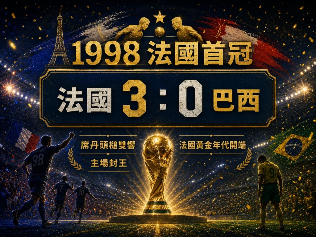 1998 法國對巴西世界盃決賽，法國 3 比 0 首度奪冠，席丹頭槌雙響封王。