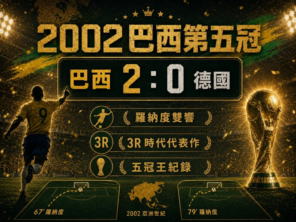 2002 巴西對德國世界盃決賽，巴西 2 比 0 奪下第五冠，羅納度雙響成經典。