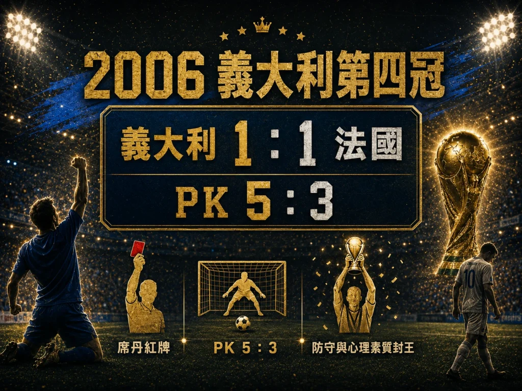 2006 義大利對法國世界盃決賽，義大利 PK 5 比 3 奪冠，席丹紅牌成焦點。