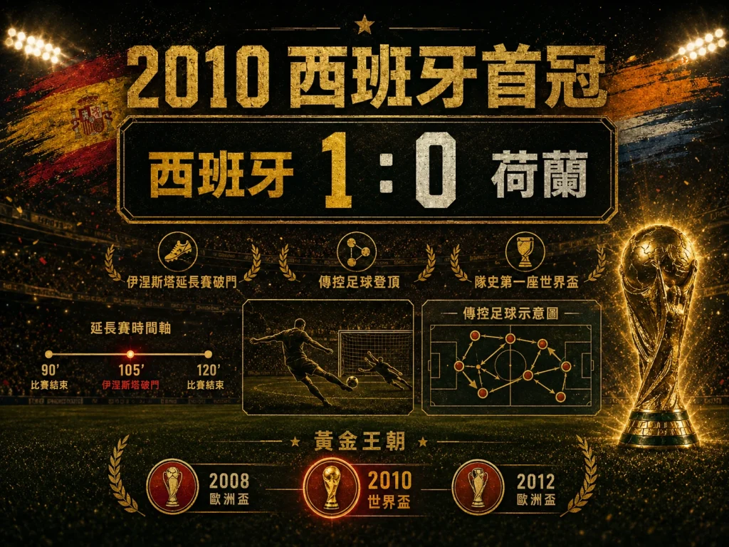 2010 西班牙對荷蘭世界盃決賽，西班牙 1 比 0 首度奪冠，伊涅斯塔延長賽破門。