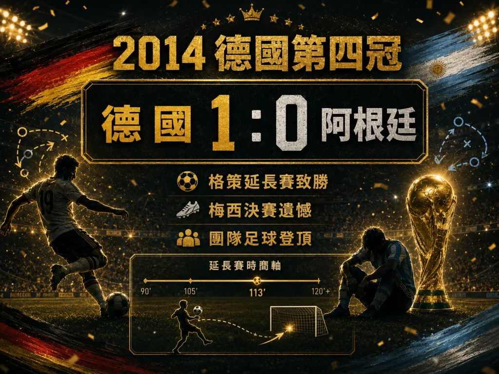 2014 德國對阿根廷世界盃決賽，德國 1 比 0 奪冠，格策延長賽致勝。