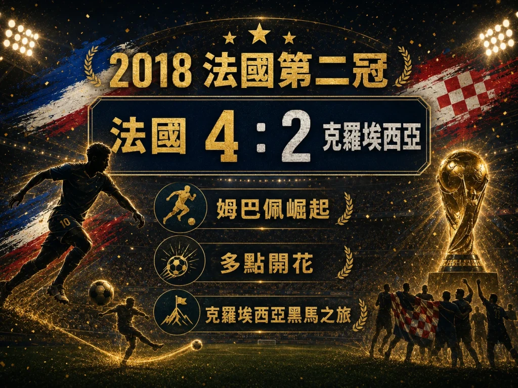 2018 法國對克羅埃西亞世界盃決賽，法國 4 比 2 奪冠，姆巴佩崛起成焦點。