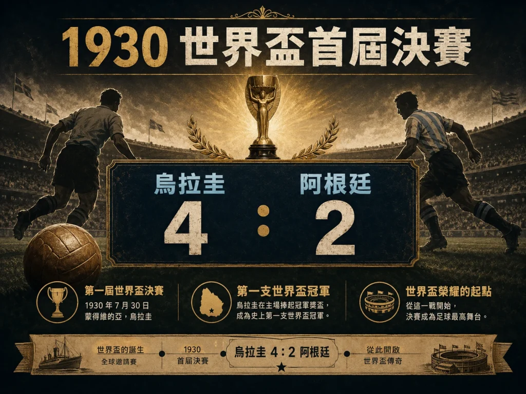 1930 首屆世界盃決賽，烏拉圭 4 比 2 擊敗阿根廷，成為第一支世界盃冠軍。