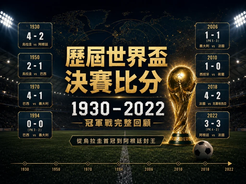 歷屆世界盃決賽比分總覽，整理 1930 到 2022 年冠軍戰結果。