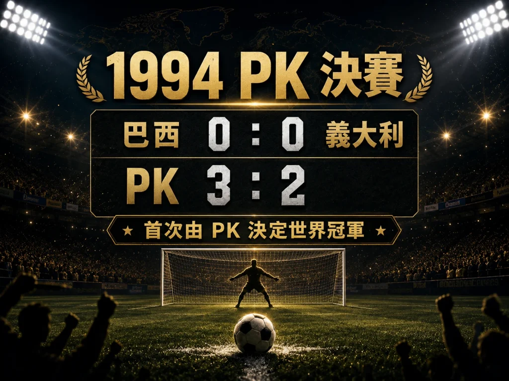 1994 世界盃決賽巴西對義大利踢成 0 比 0，巴西在 PK 大戰勝出。