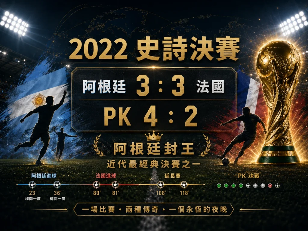 2022 世界盃決賽阿根廷 3 比 3 法國，阿根廷在 PK 大戰勝出奪冠。