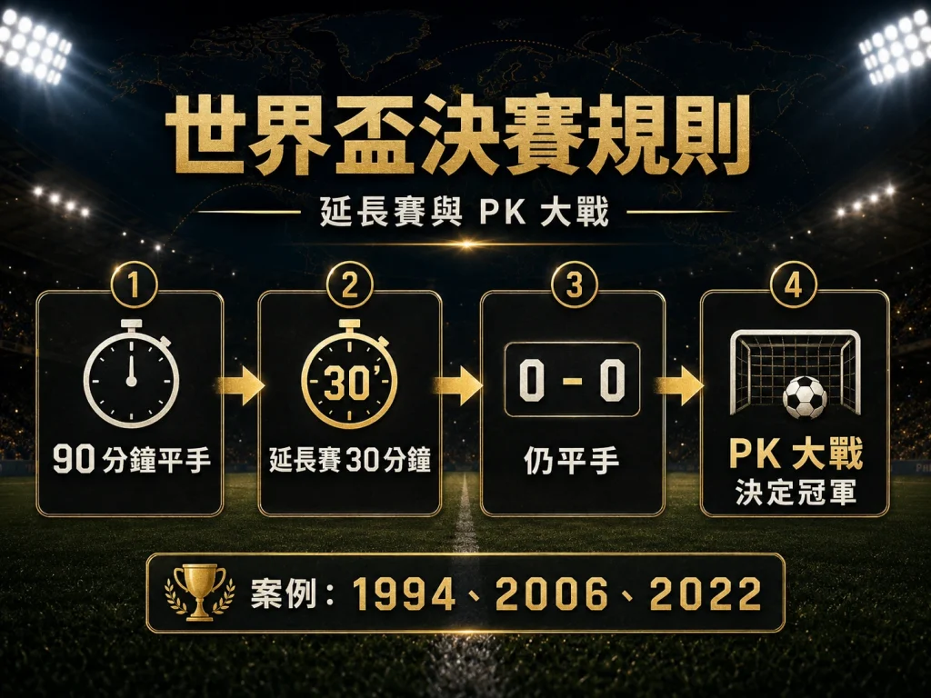 世界盃決賽規則說明，介紹延長賽與 PK 大戰如何決定冠軍。