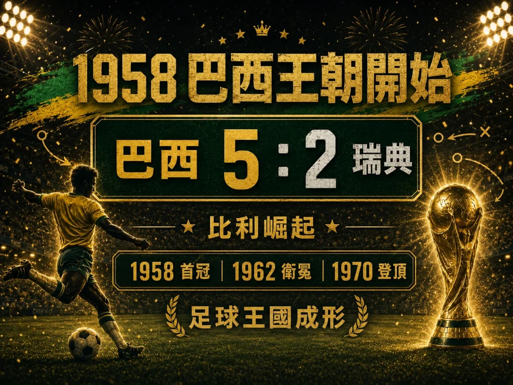 1958 巴西對瑞典世界盃決賽，巴西 5 比 2 奪下首冠，足球王國正式崛起。
