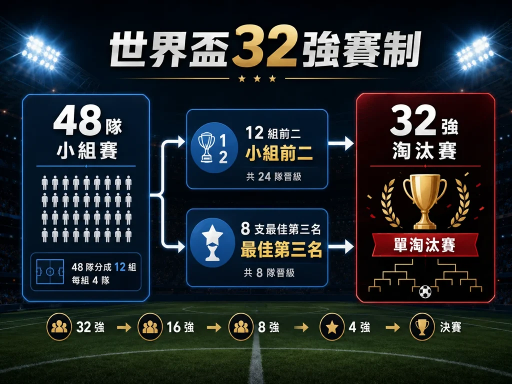 世界盃32強賽制說明，介紹48隊小組賽晉級32強淘汰賽流程。