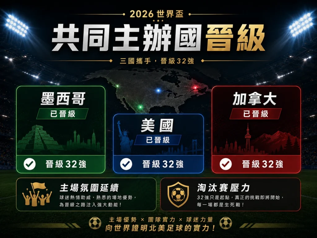 2026世界盃共同主辦國晉級32強，墨西哥、美國與加拿大延續主場優勢。