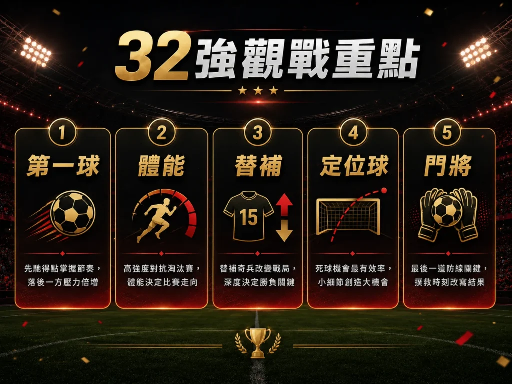 世界盃32強觀戰重點，整理第一球、體能、替補、定位球與門將關鍵。