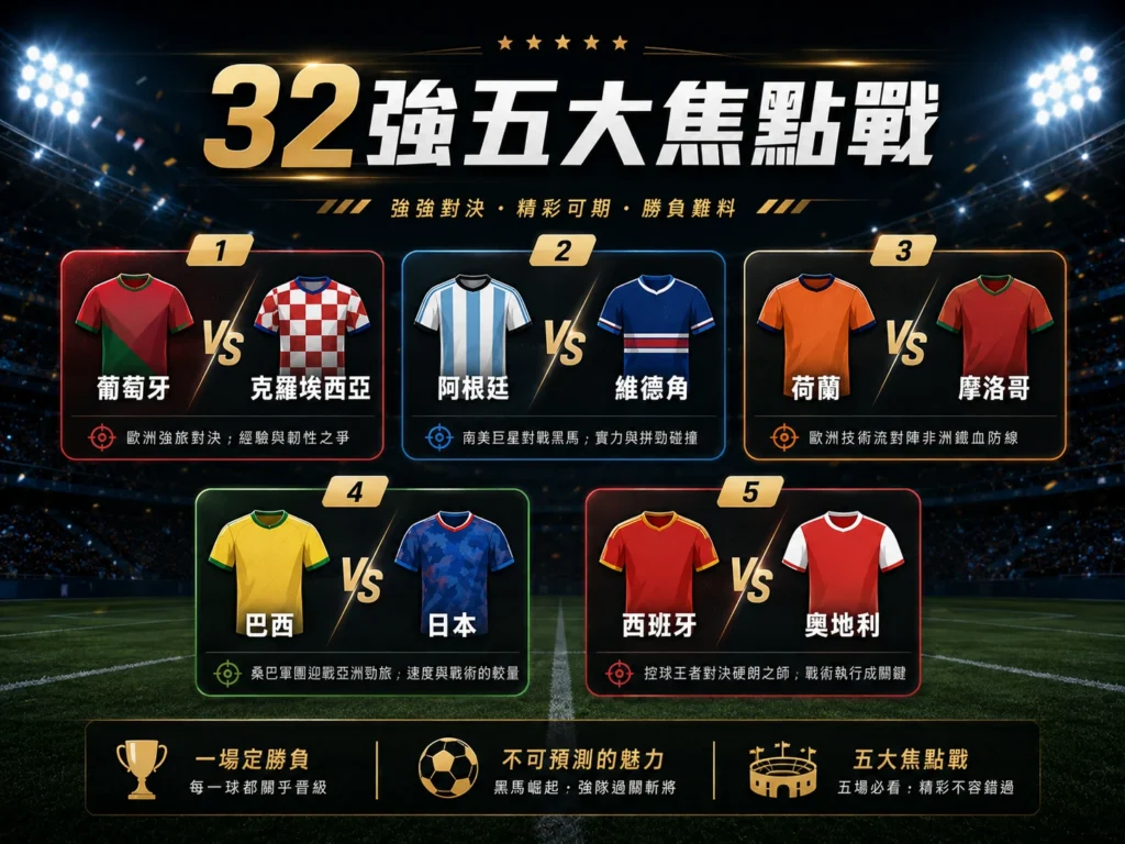 世界盃32強五大焦點戰，整理葡萄牙、阿根廷、荷蘭、巴西與西班牙對決。