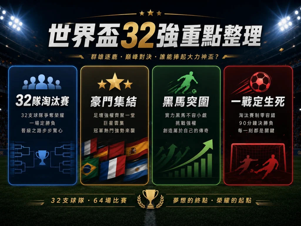 世界盃32強重點整理，分析豪門集結、黑馬突圍與一戰定生死。
