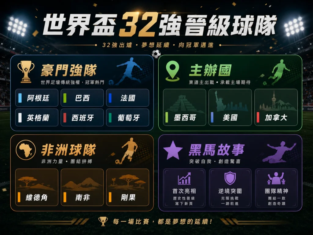 世界盃32強晉級球隊整理，包含豪門強隊、主辦國、非洲球隊與黑馬故事。