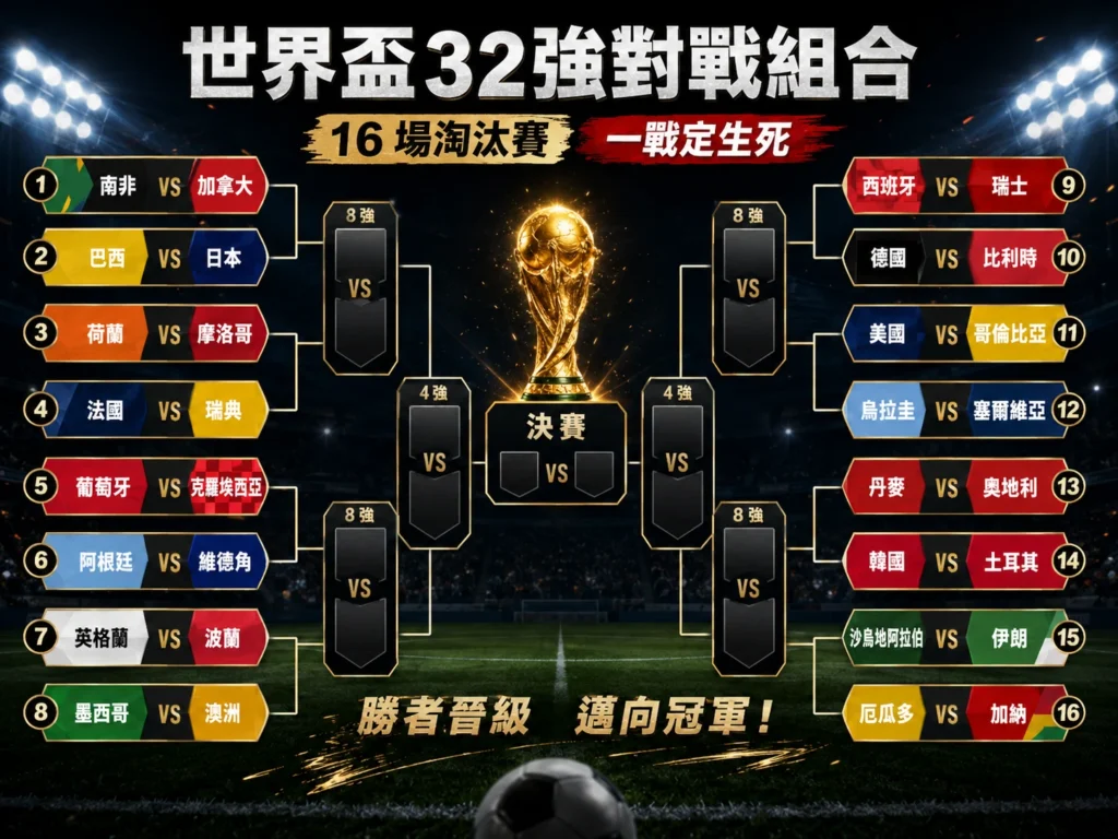 世界盃32強對戰組合表，整理16場淘汰賽與晉級路線。