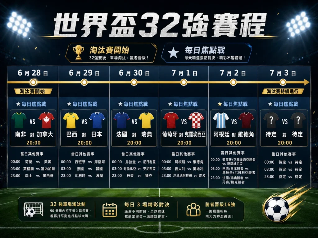 世界盃32強賽程整理，列出淘汰賽日期、焦點戰與每日比賽安排。