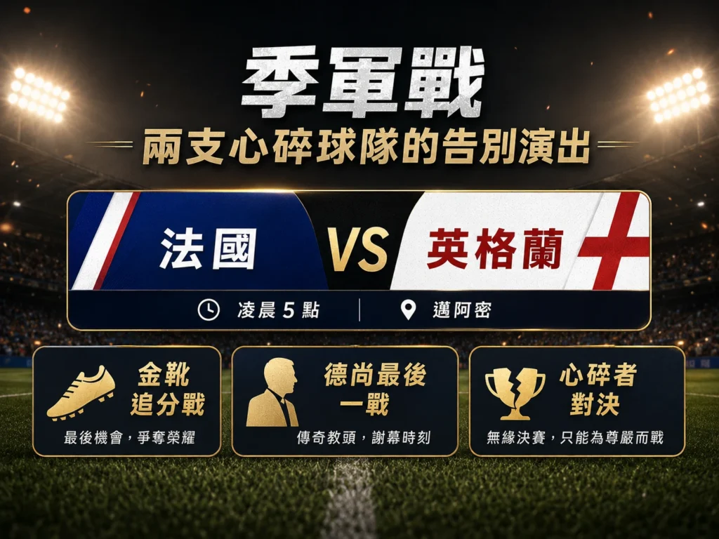 法國對英格蘭季軍戰賽前整理,金靴追分戰、德尚最後一戰與心碎者對決。