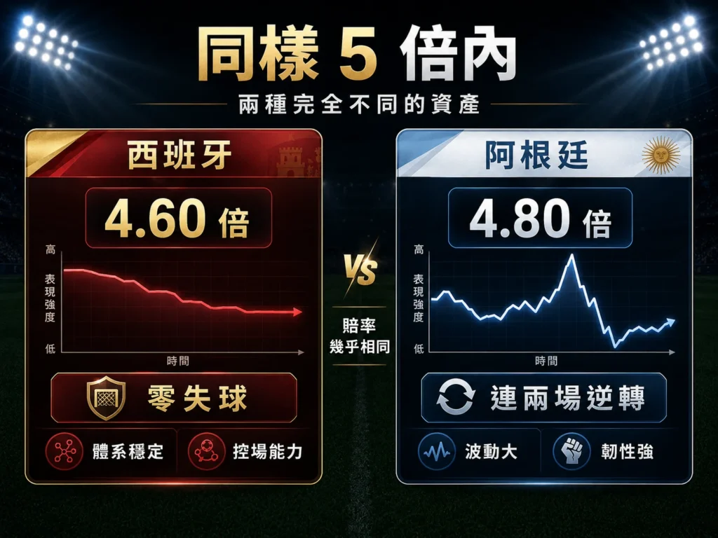 西班牙與阿根廷奪冠賠率接近，但代表不同類型的八強熱門球隊。