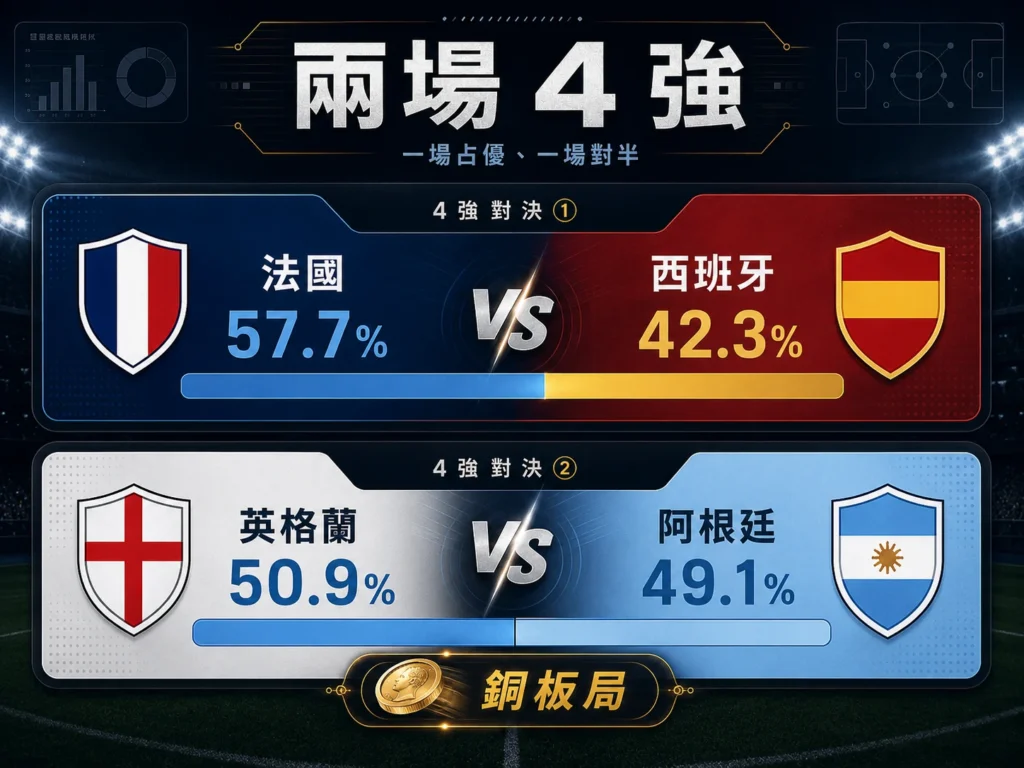 世界盃4強兩場對戰機率,整理法國對西班牙與英格蘭對阿根廷的勝率差距。