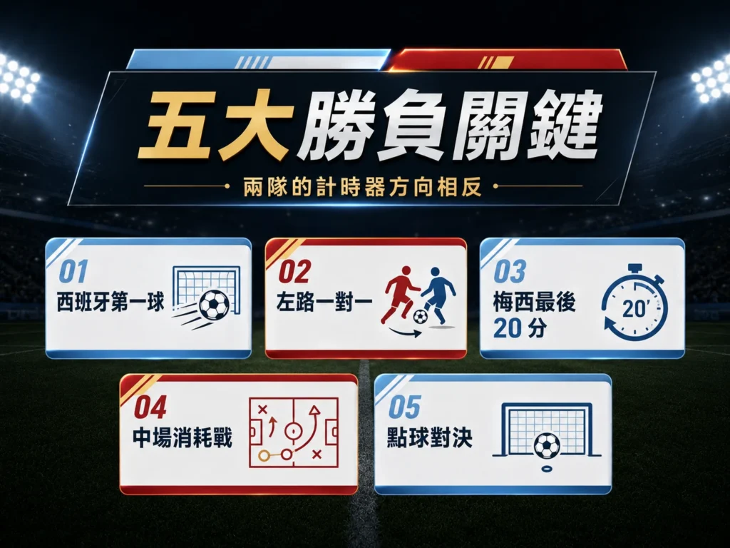 阿根廷對西班牙決賽五大勝負關鍵,整理第一球、邊路對位、梅西時間與點球決戰。