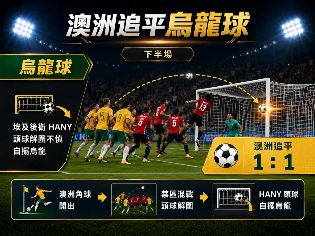澳洲下半場靠烏龍球追平埃及，將比分扳成 1：1。