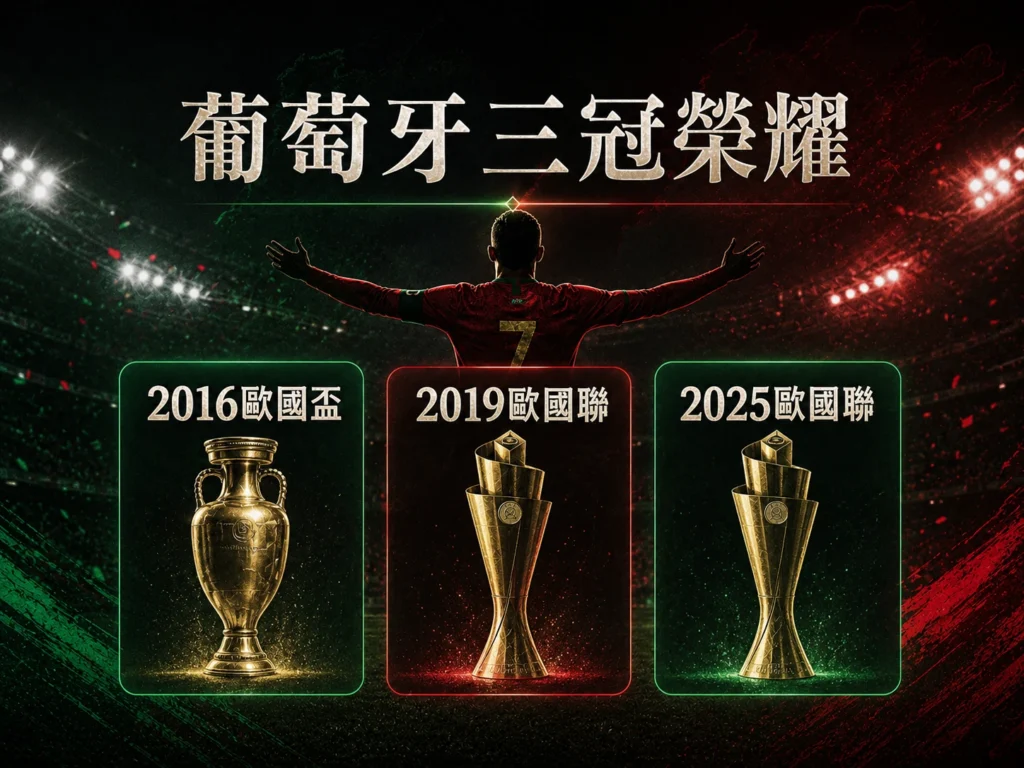 葡萄牙三冠榮耀整理,包含2016歐國盃、2019歐國聯與2025歐國聯冠軍。