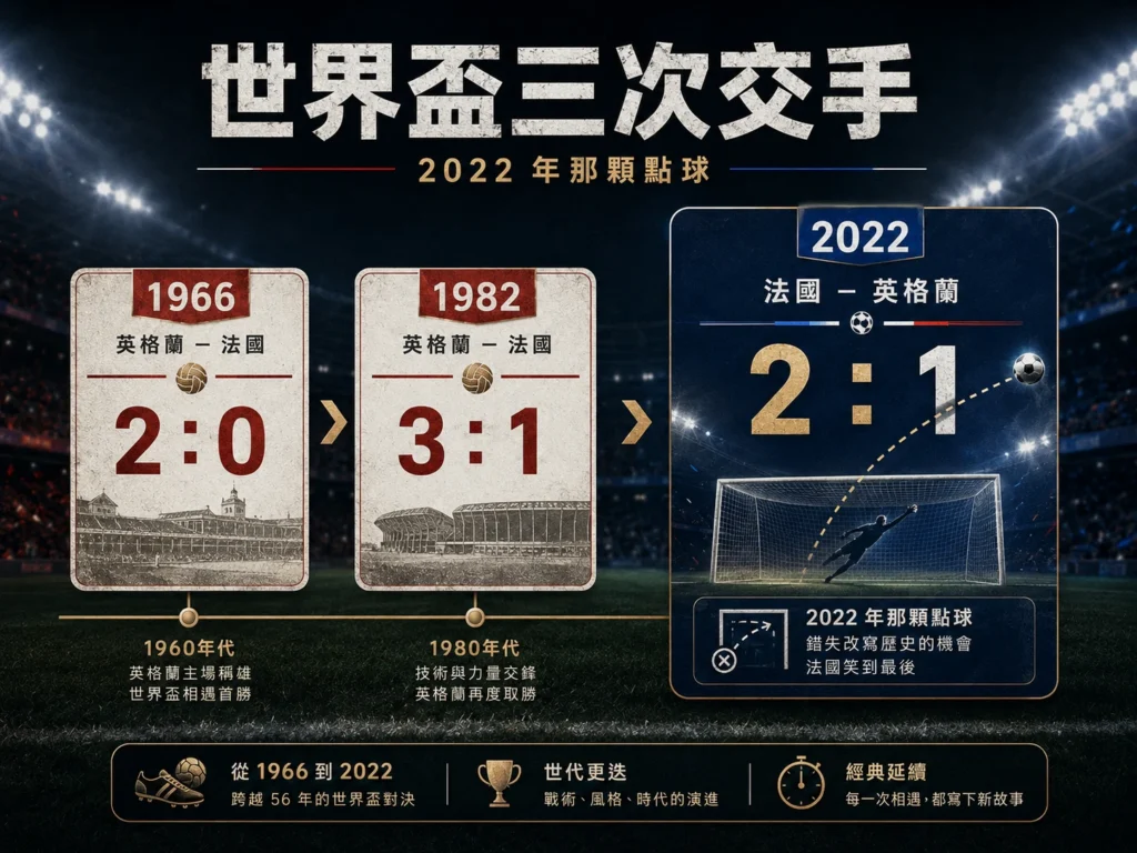 法國對英格蘭世界盃三次交手紀錄,回顧1966、1982與2022年對決。