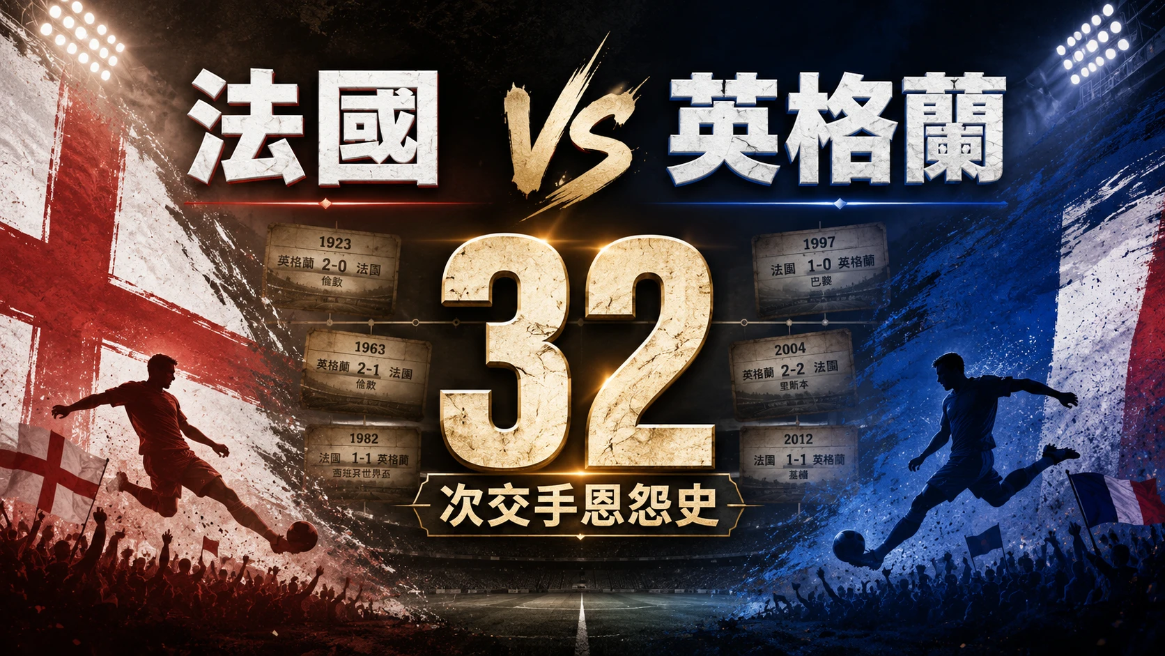法國對英格蘭32次交手歷史封面，呈現兩隊百年恩怨與經典對決。