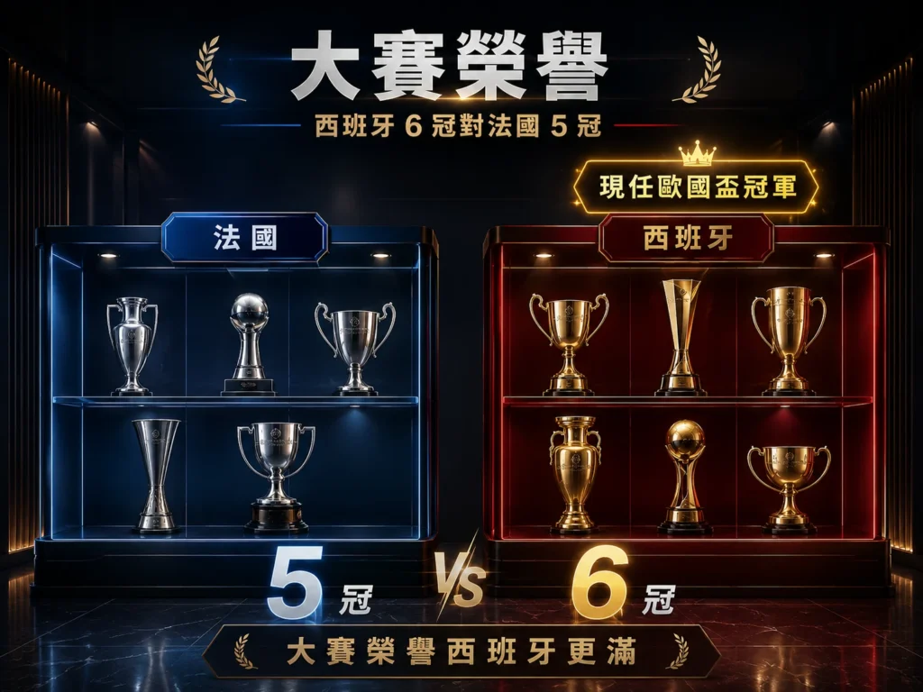 法國與西班牙大賽榮譽比較,整理兩隊主要冠軍數與歐國盃成績。