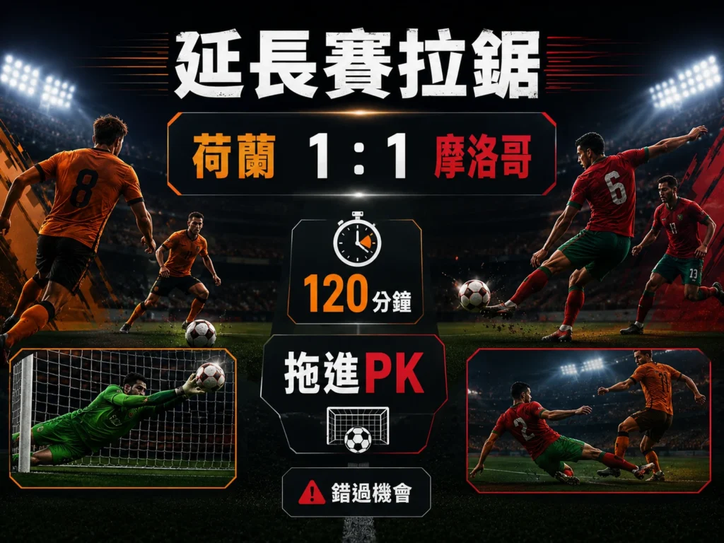 荷蘭對摩洛哥延長賽拉鋸,雙方120分鐘仍未分勝負進入PK大戰。
