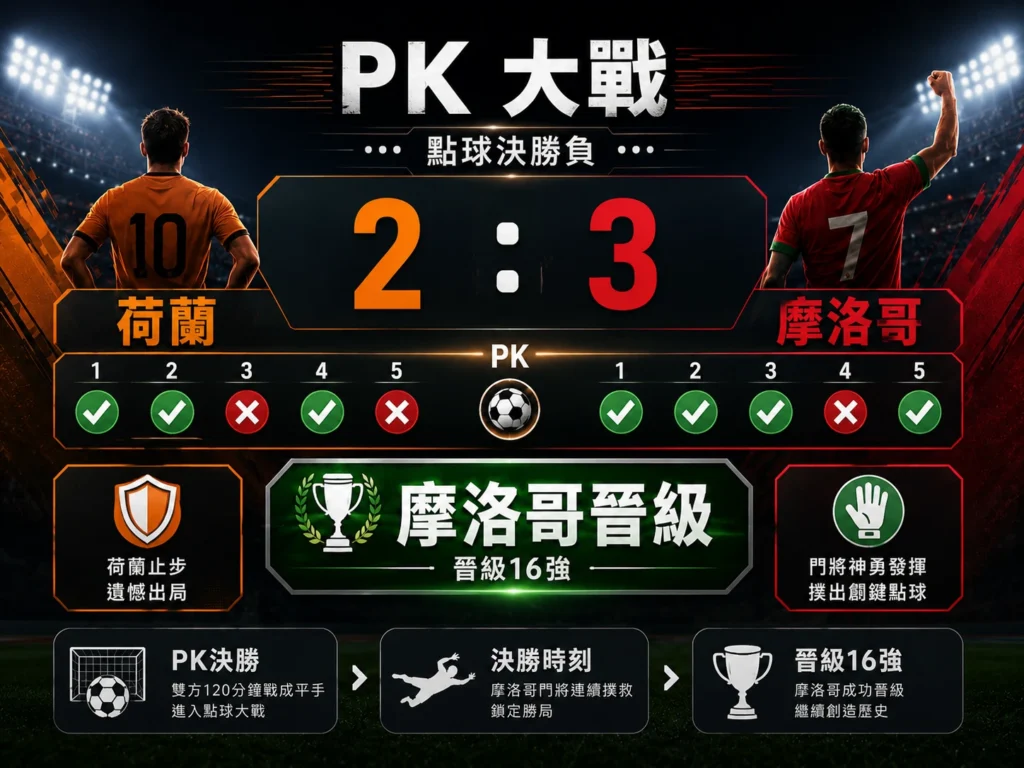 荷蘭對摩洛哥PK大戰,摩洛哥以3比2勝出晉級16強。