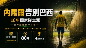 內馬爾告別巴西國家隊精選圖，整理16年國家隊生涯、80球與4屆世界盃紀錄。