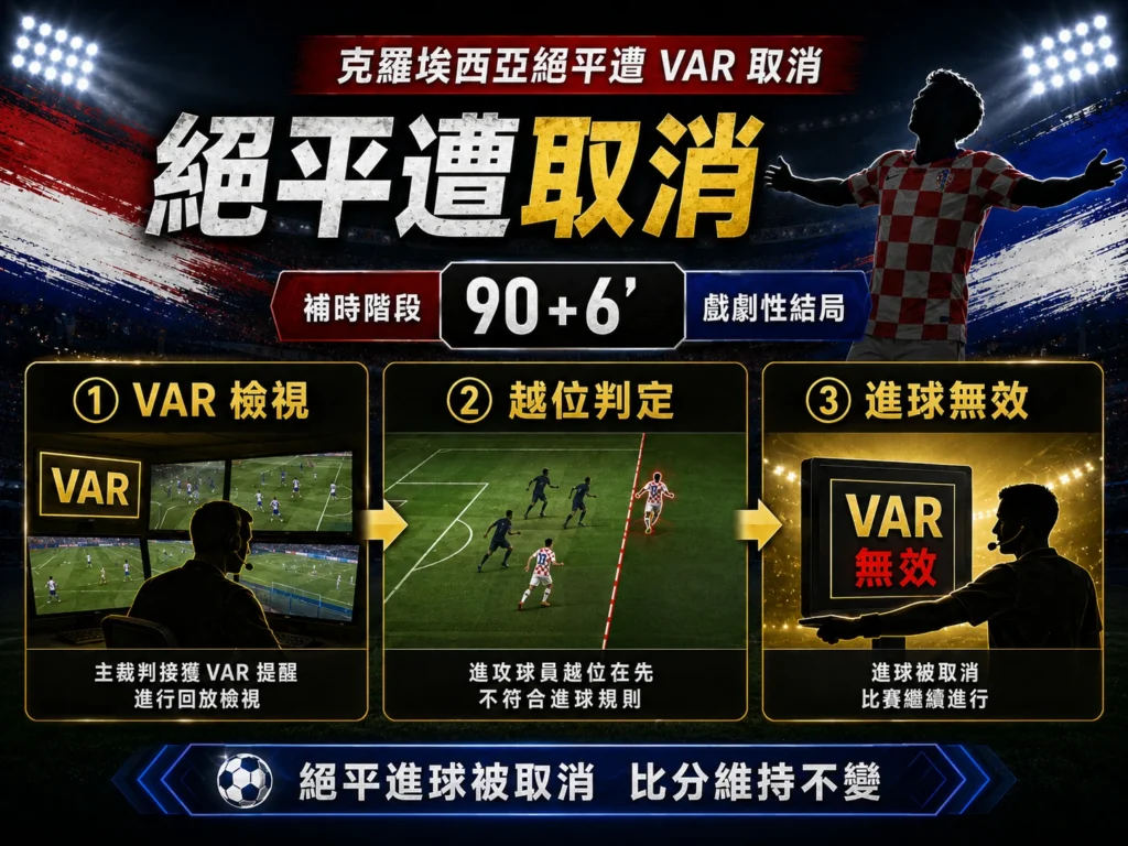 克羅埃西亞補時絕平遭 VAR 取消，進球無效後比分維持 2：1。