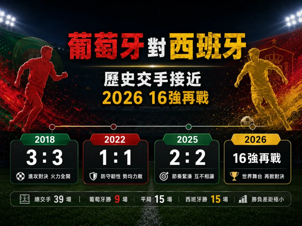 葡萄牙對西班牙歷史交手圖，整理近年比分、總交手與勝負差距。