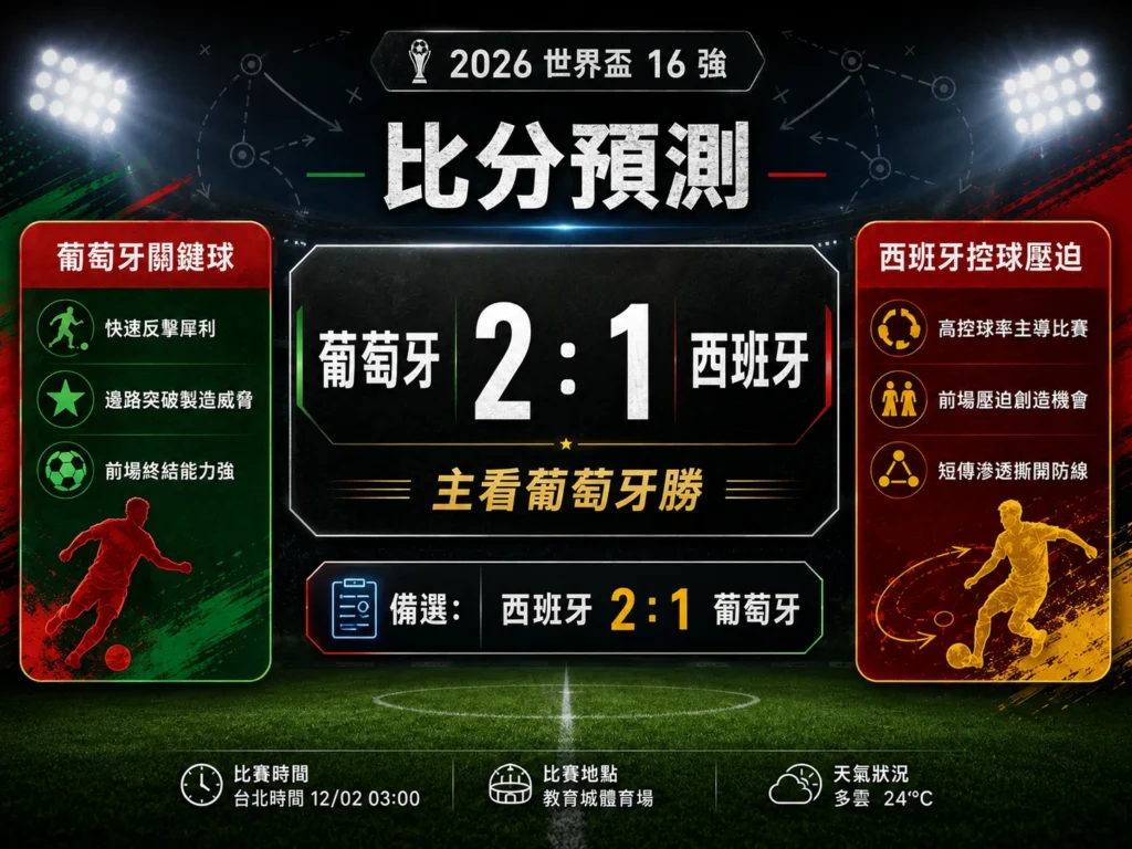 2026世界盃16強葡萄牙對西班牙比分預測圖，主看葡萄牙2比1取勝。