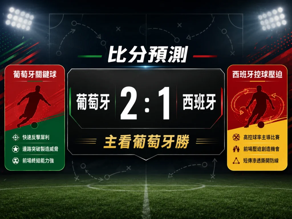 葡萄牙對西班牙比分預測圖，主看葡萄牙2比1擊敗西班牙。