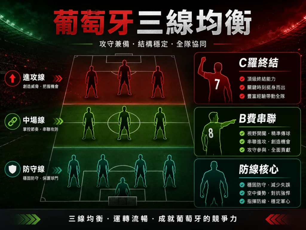葡萄牙三線均衡分析圖，整理進攻線、中場線、防守線與關鍵球員作用。