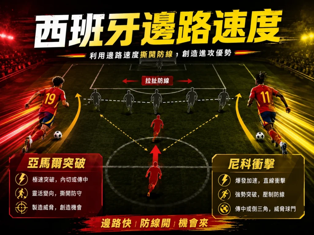 西班牙邊路速度分析圖，呈現亞馬爾突破與邊路進攻威脅。